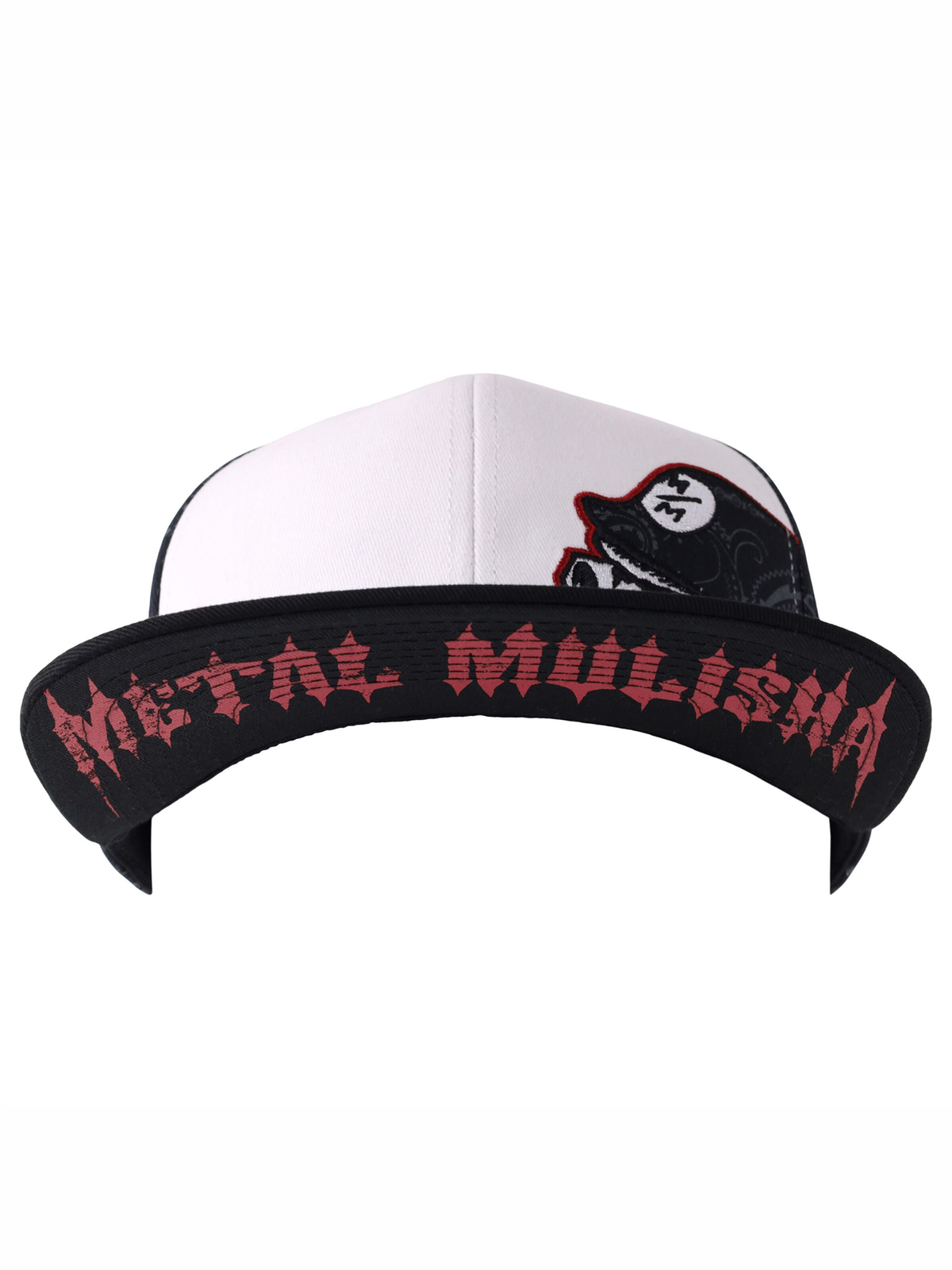 Metal Mulisha Lookout 3 Paisley Flex Hat underbill view showing red Metal Mulisha print beneath the black bill