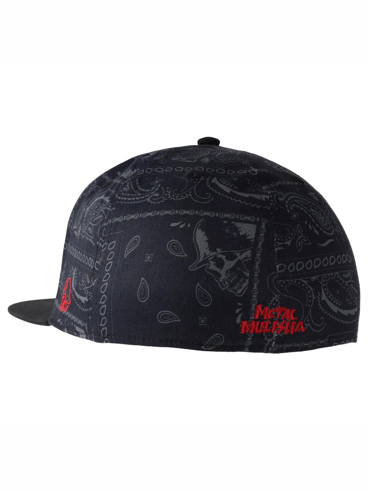 Metal Mulisha Lookout 3 Paisley Flex Hat rear view showing black paisley fabric and red Metal Mulisha embroidery