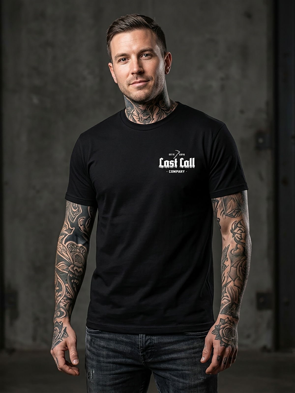 Last Call Co Misled Graphic T-Shirt Black lifestyle front view showing the chest graphic