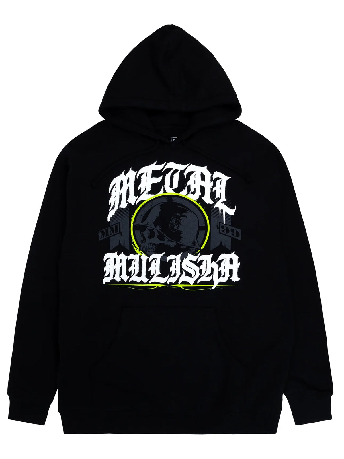 Metal Mulisha Mulisha Elect black pullover hoodie, front view with white lettering and green and grey helmet skull artwork