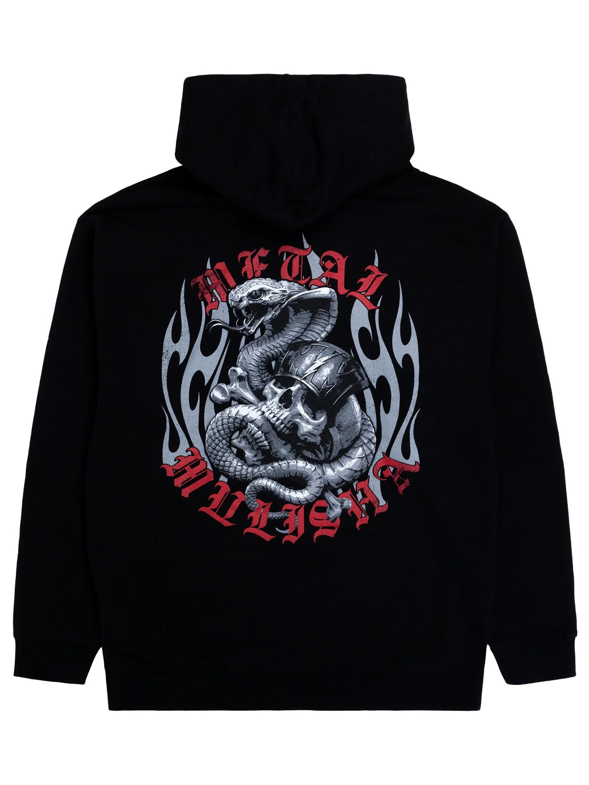 Metal Mulisha Neurotoxic black pullover hoodie, back view with skull and cobra artwork, grey flames and red lettering