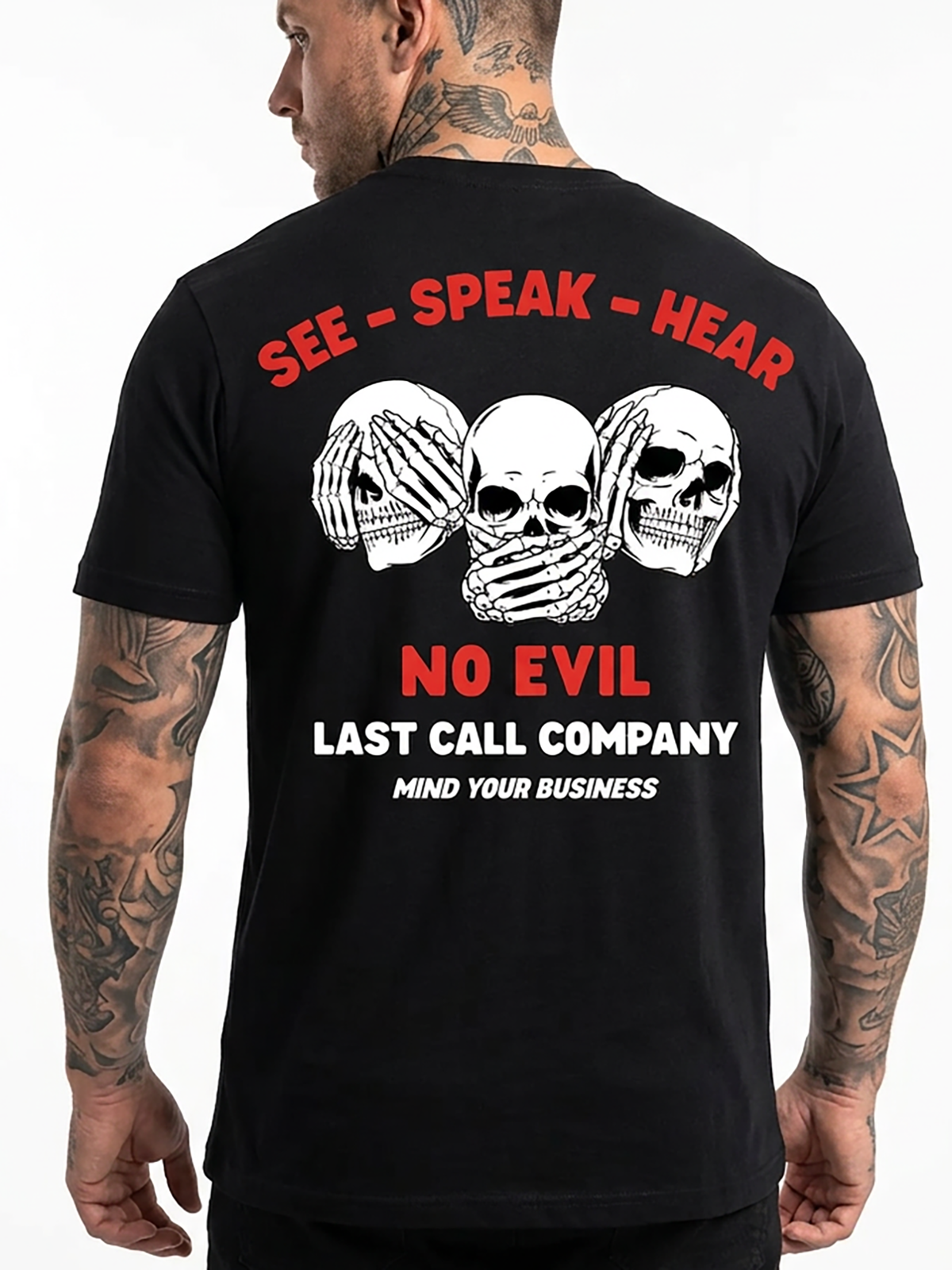 Last Call Co No Evil Badge Graphic T-Shirt Black on-model back view featuring horned devil face and Hear No Evil See No Evil Speak No Evil back graphic