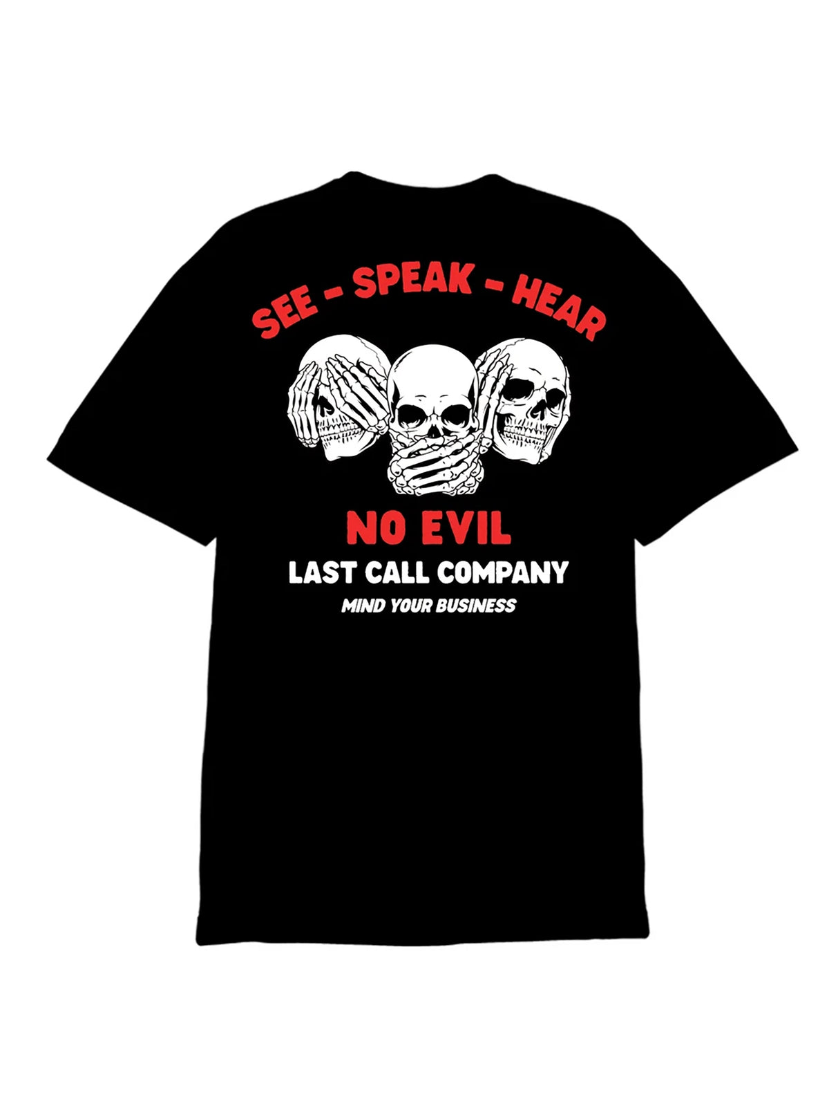 Last Call Co No Evil Badge Graphic T-Shirt Black flat back view featuring horned devil face and Hear No Evil See No Evil Speak No Evil artwork