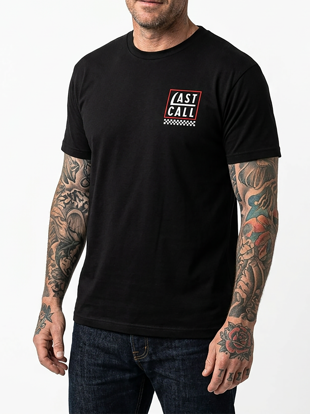 Last Call Co No Evil Badge Graphic T-Shirt Black on-model front view showing the chest graphic
