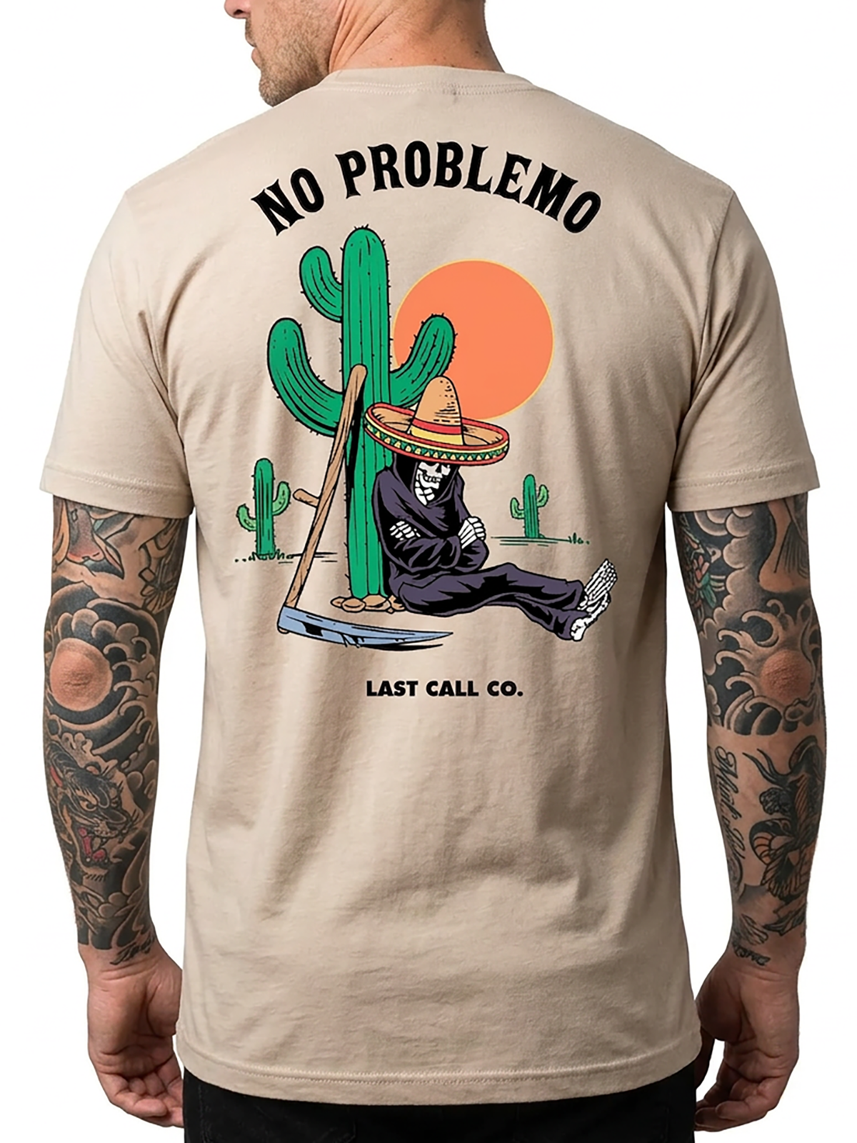 Last Call Co No Problemo Graphic T-Shirt Sand on-model back view featuring cowboy skull and No Problemo back graphic