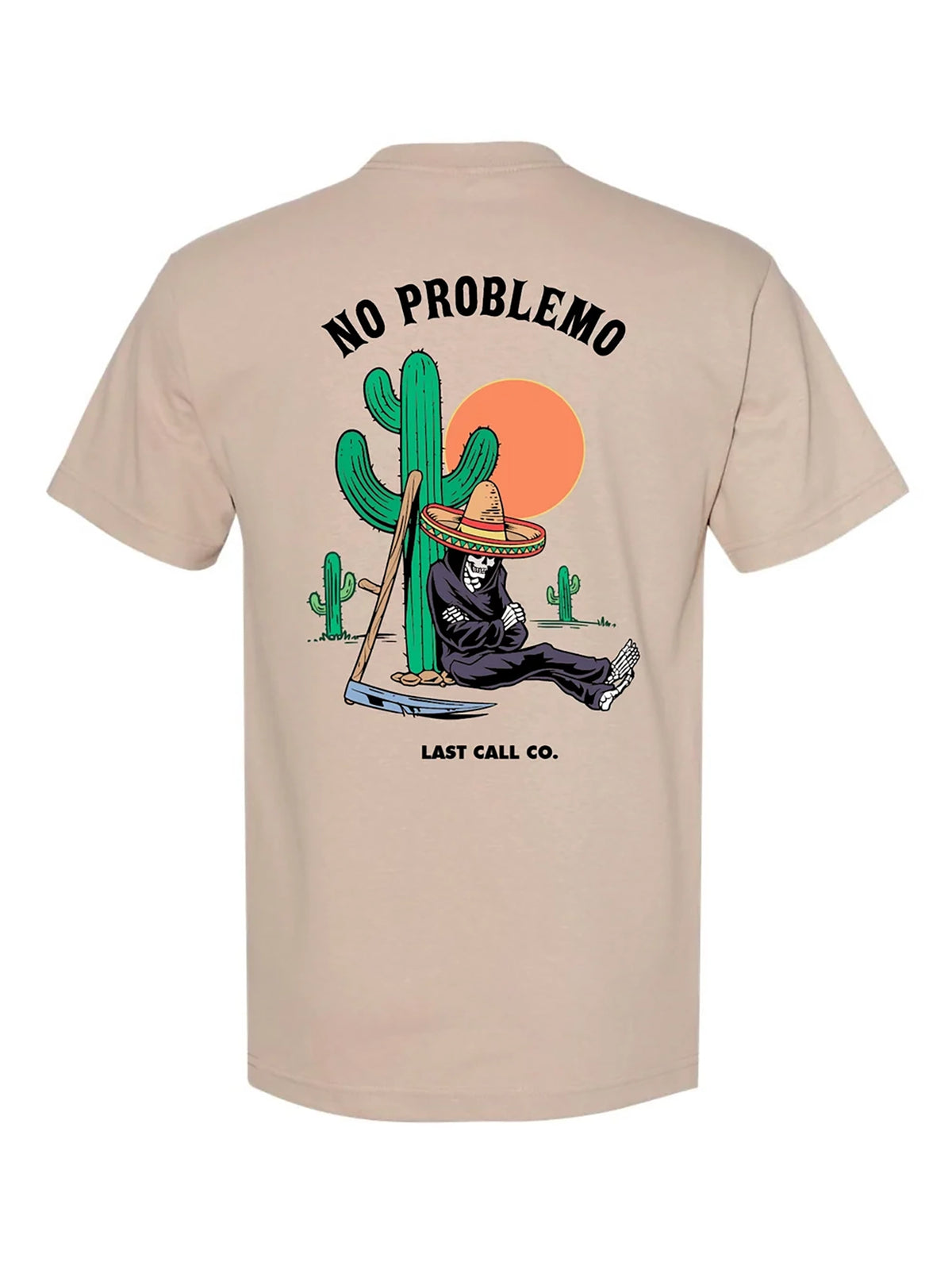 Last Call Co No Problemo Graphic T-Shirt Sand flat back view featuring cowboy skull and No Problemo artwork