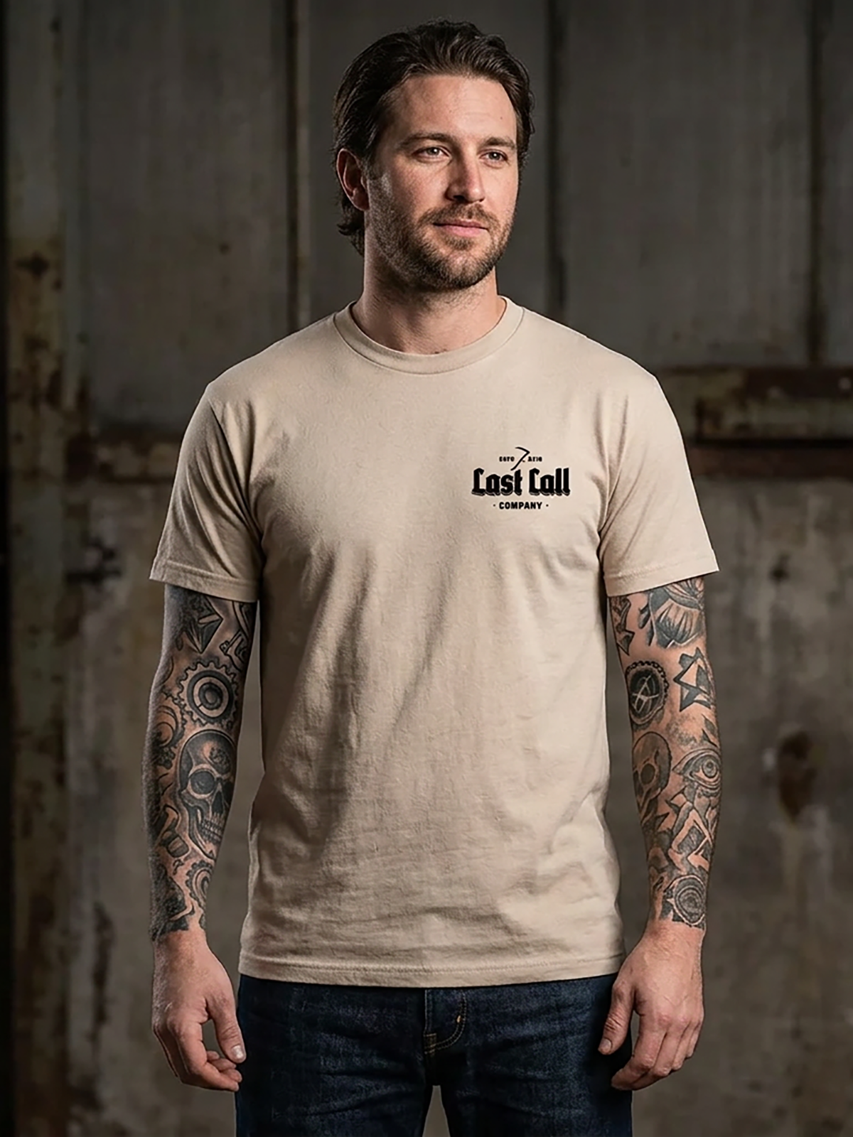 Last Call Co No Problemo Graphic T-Shirt Sand lifestyle front view showing the chest graphic