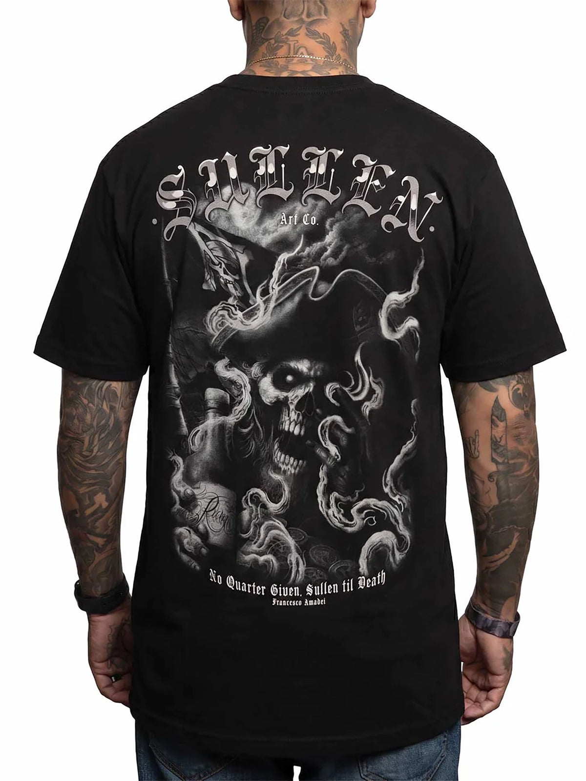 Back view of Sullen No Quarter Premium T-shirt in Caviar with smoky pirate skull artwork