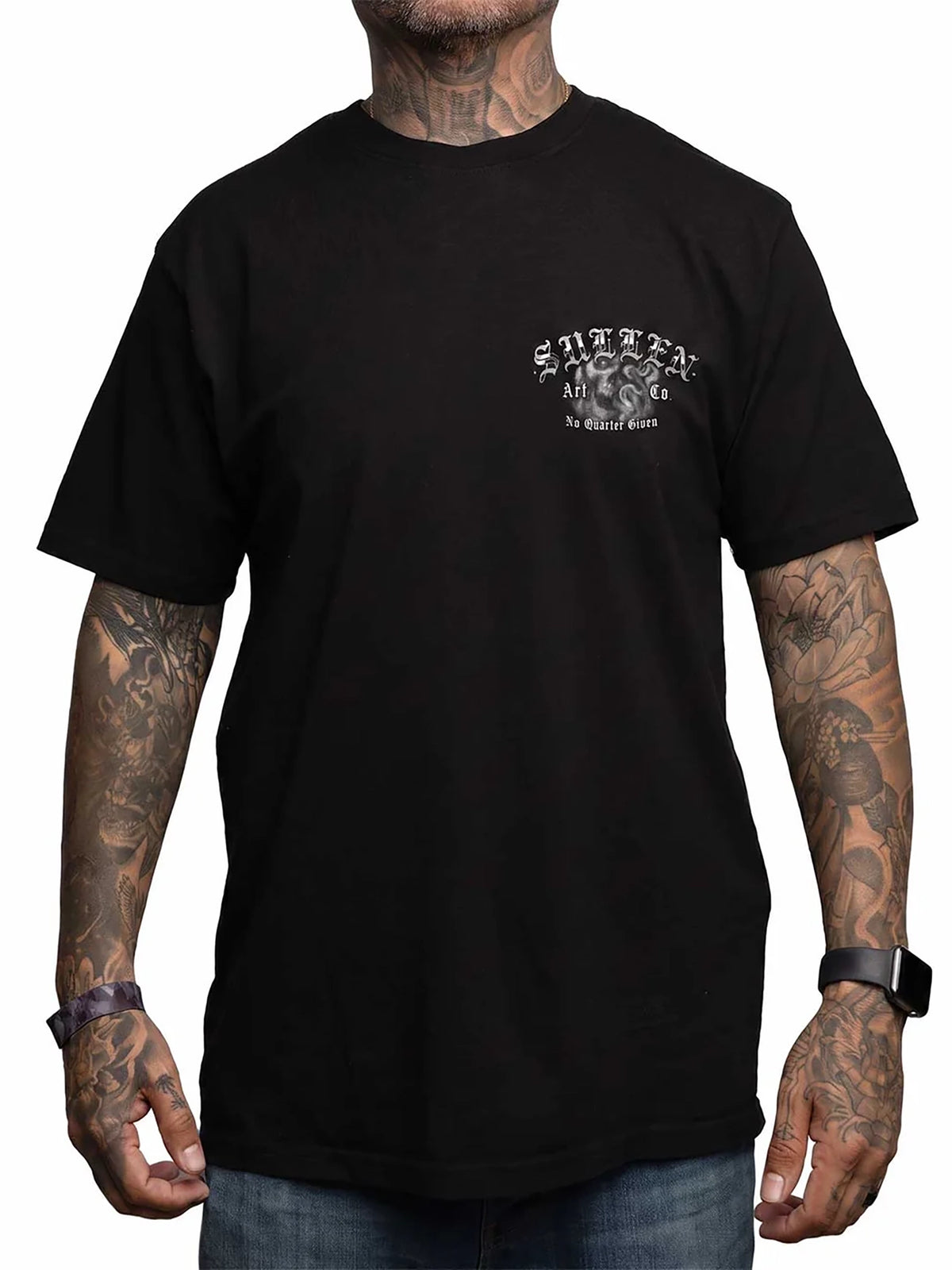 Front view of Sullen No Quarter Premium T-shirt with small Sullen script chest graphic