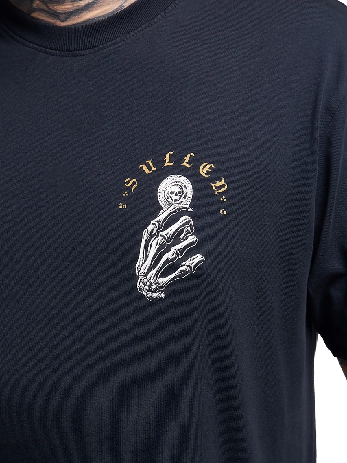 Sullen No Quarter II skeletal hand and coin left-chest graphic close-up