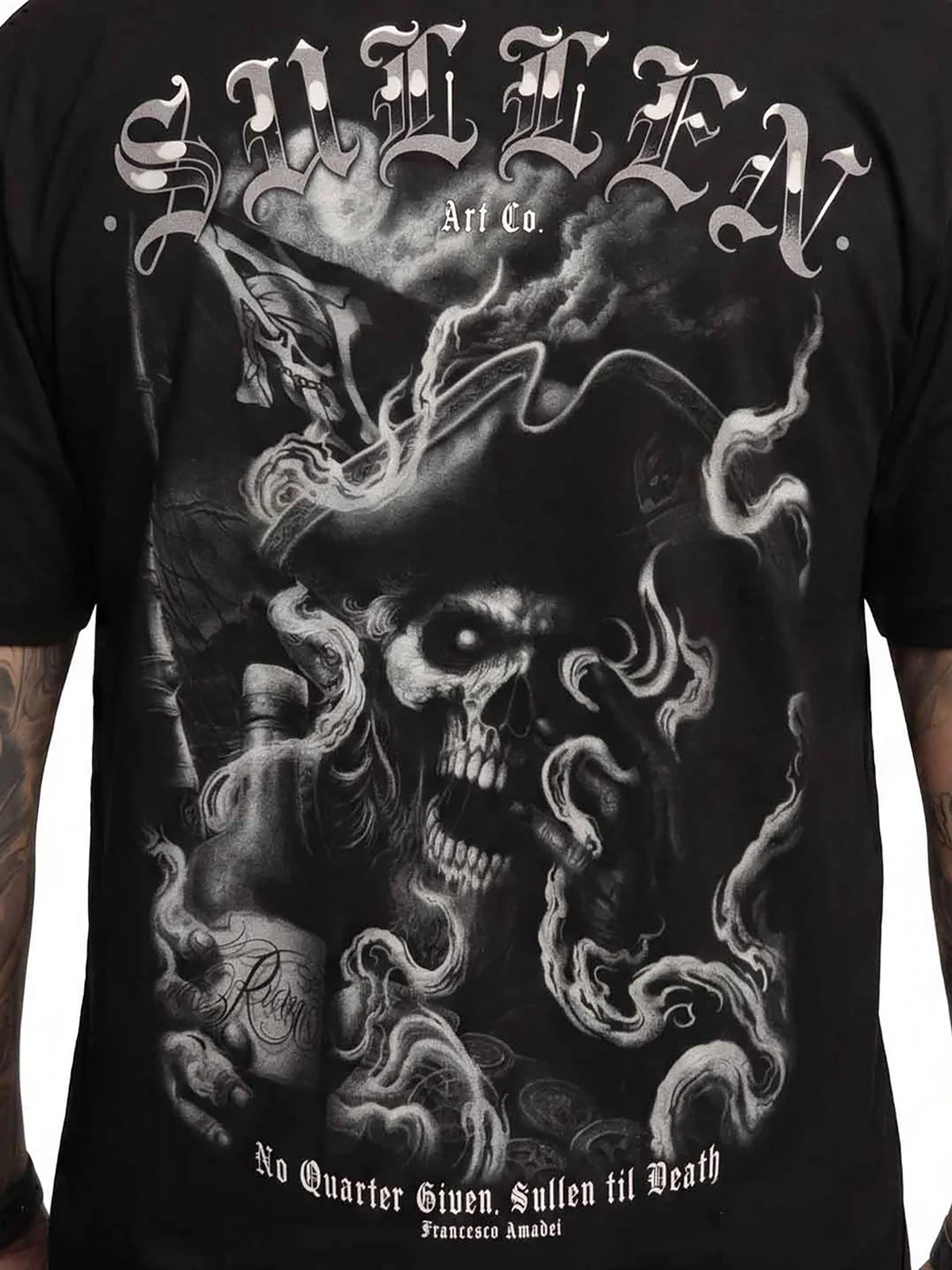 Close-up of the smoky pirate skull back graphic on the Sullen No Quarter T-shirt