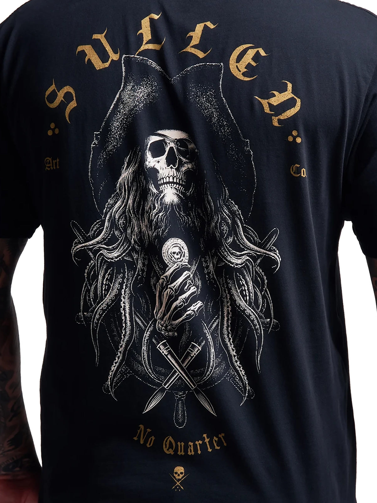 Sullen No Quarter II pirate skeleton and crossed-blades back graphic close-up