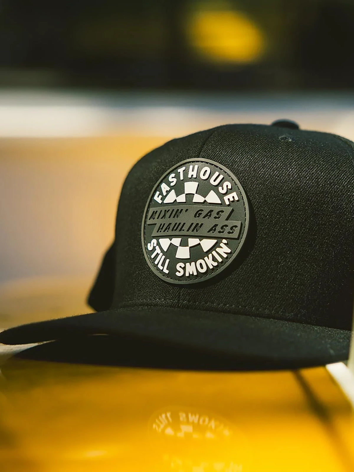 Fasthouse Men's Oil Burner 110 Snapback Hat in Black, lifestyle view