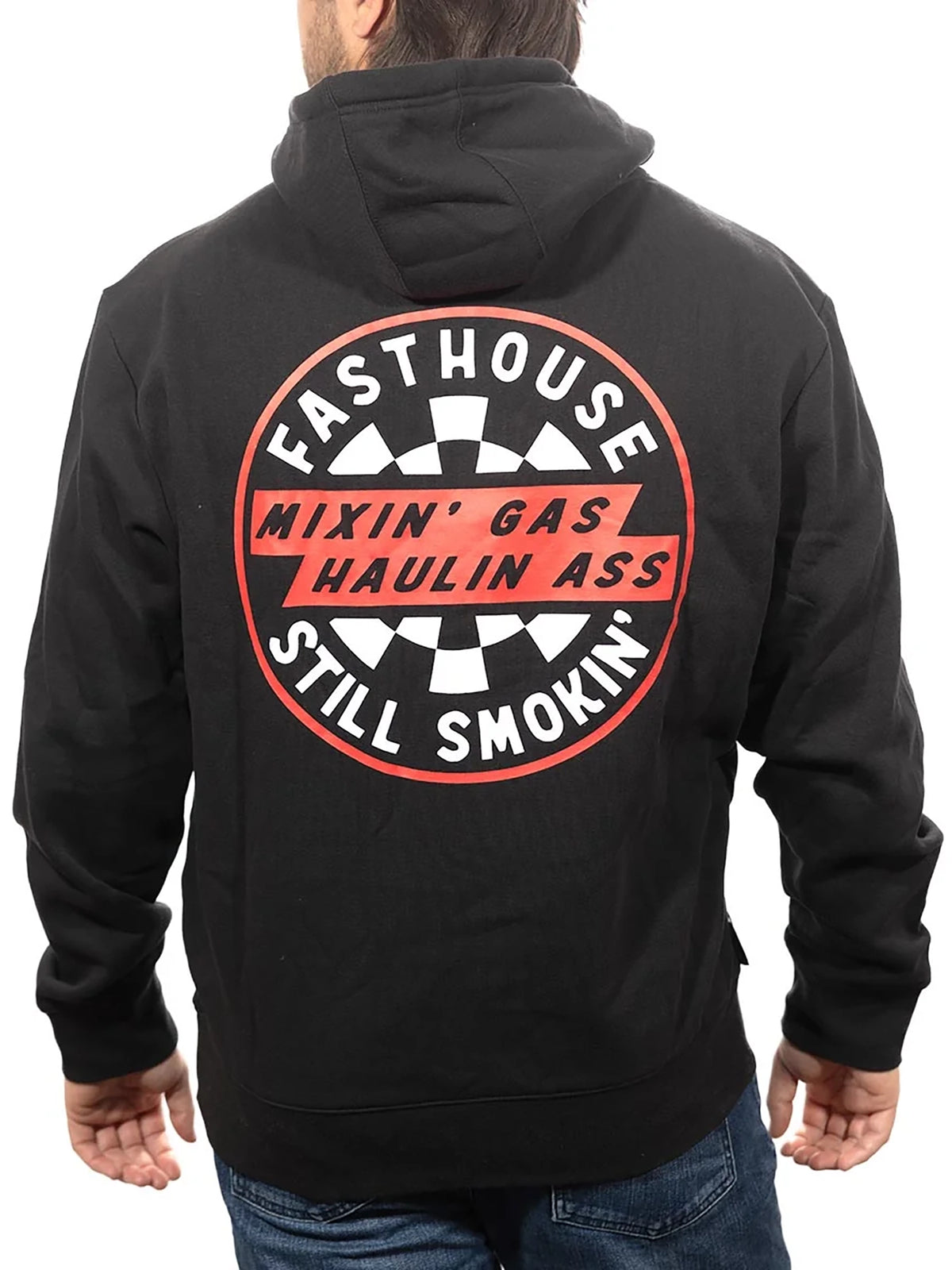 Fasthouse Men's Oil Burner Pullover Hoodie in Black, back view on model
