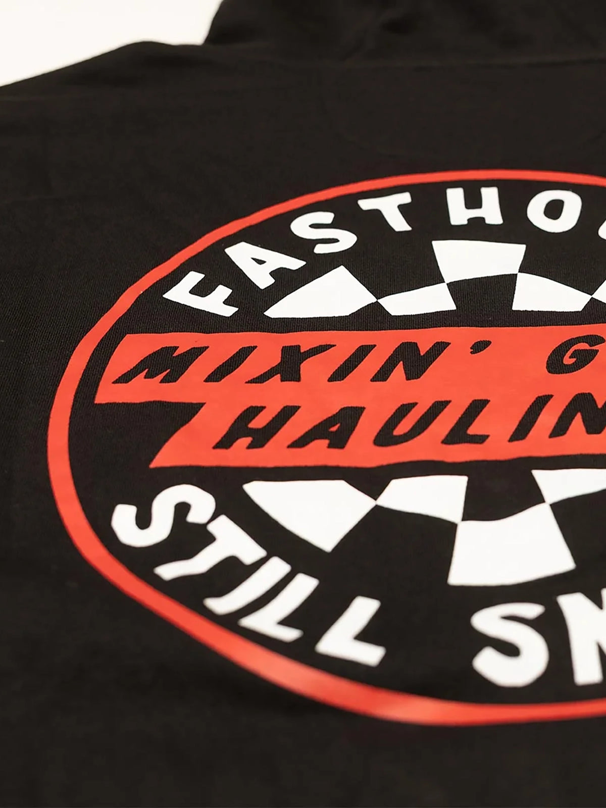 Fasthouse Men's Oil Burner Pullover Hoodie in Black, close-up of the back graphic