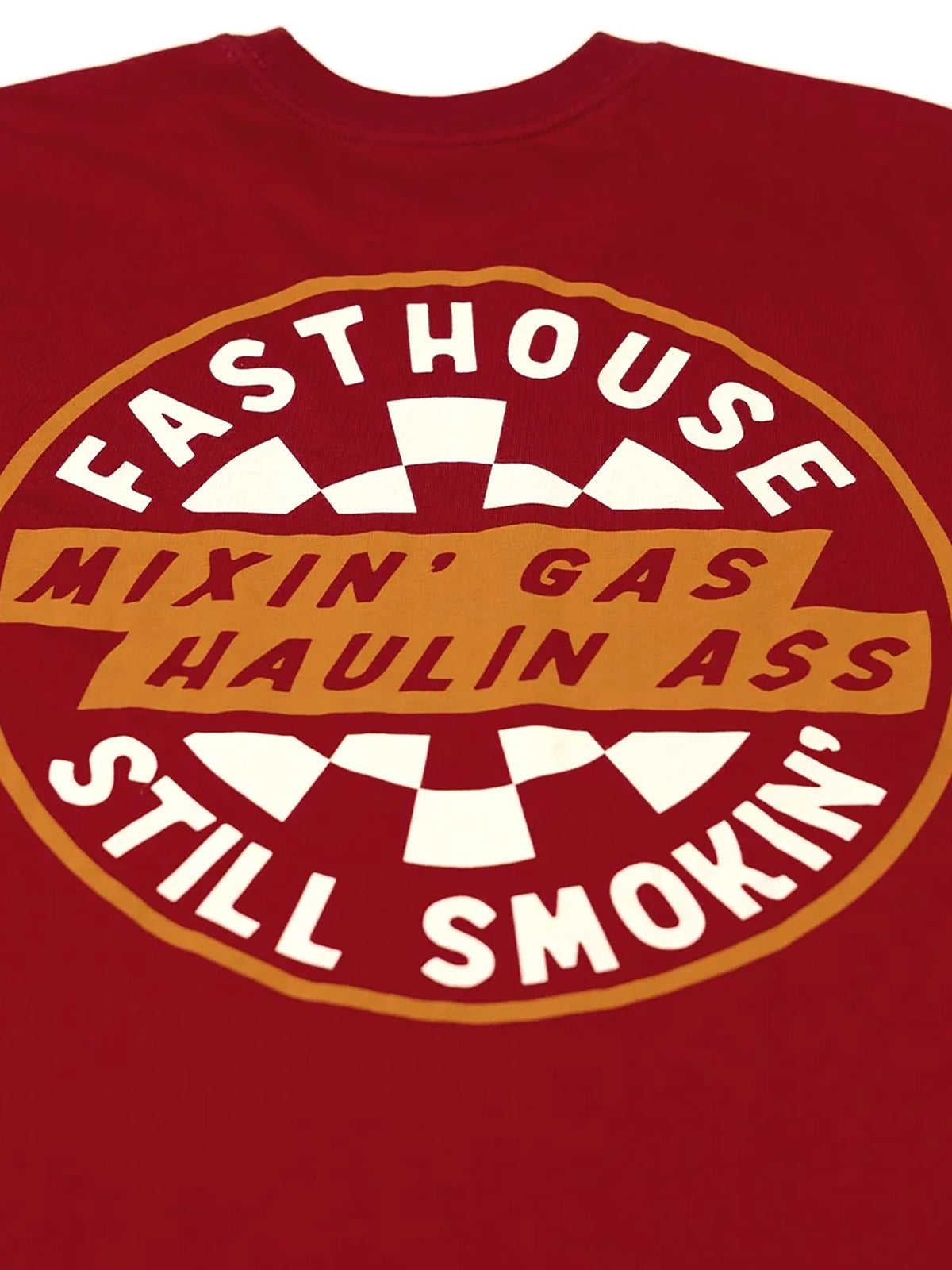 Fasthouse Men's Oil Burner Graphic T-shirt in Cardinal, close-up of the back graphic