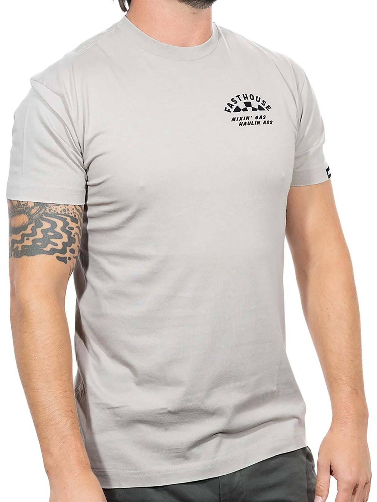 Fasthouse Men's Oil Burner Graphic T-shirt in Light Gray, front view on model