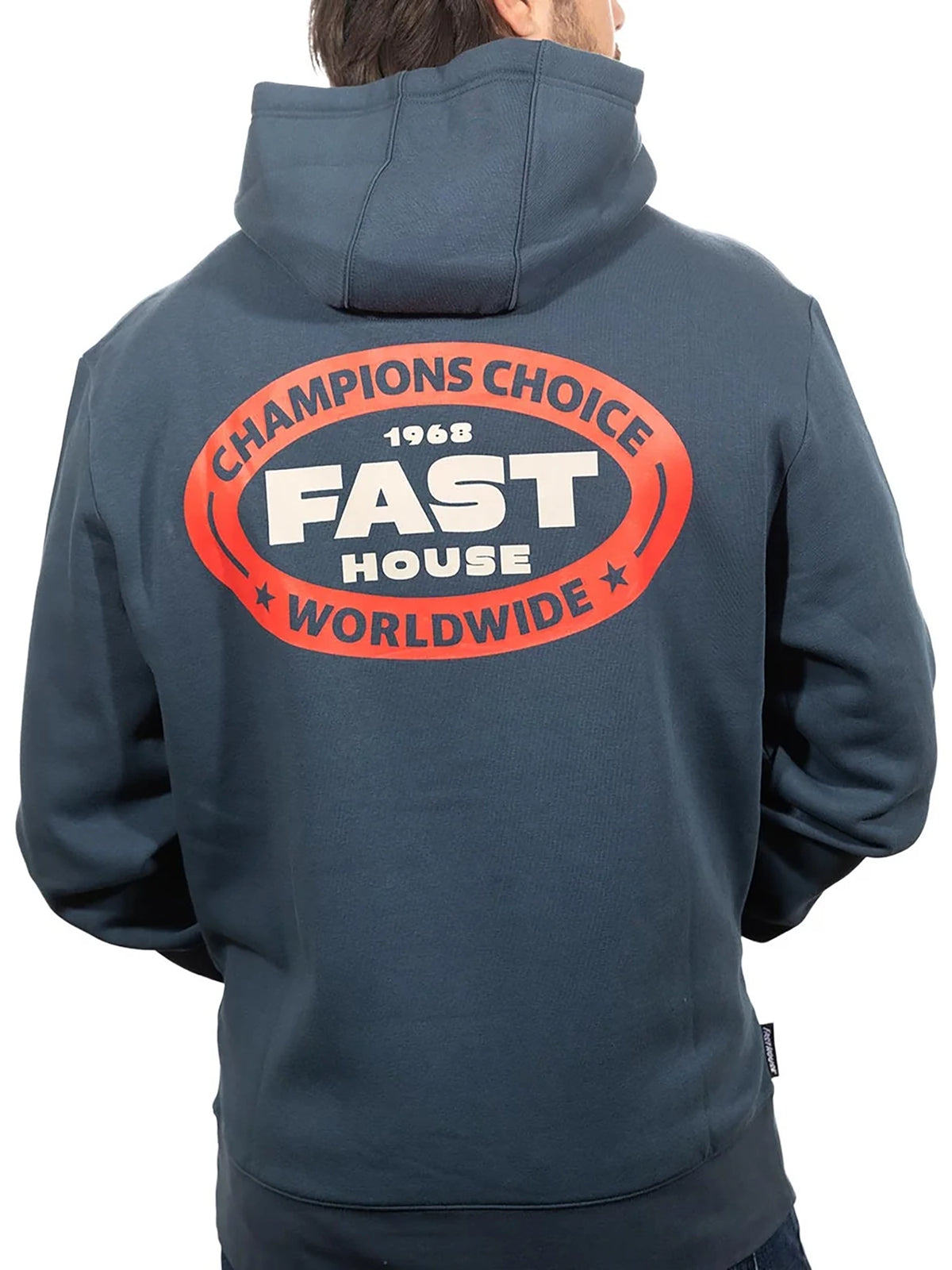 Fasthouse Men's Petrol Pullover Hoodie in Indigo, back view on model