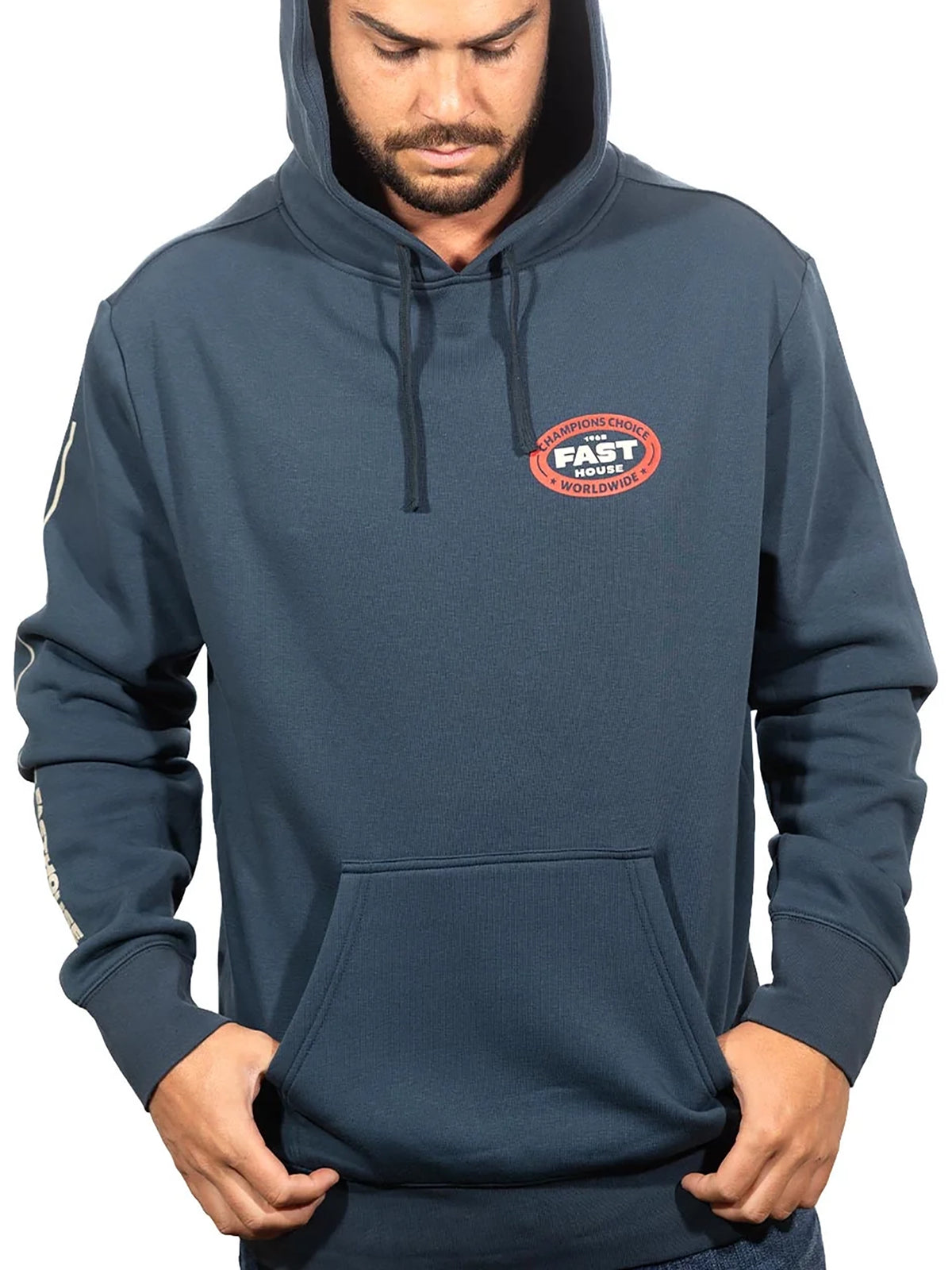 Fasthouse Men's Petrol Pullover Hoodie in Indigo, front view on model