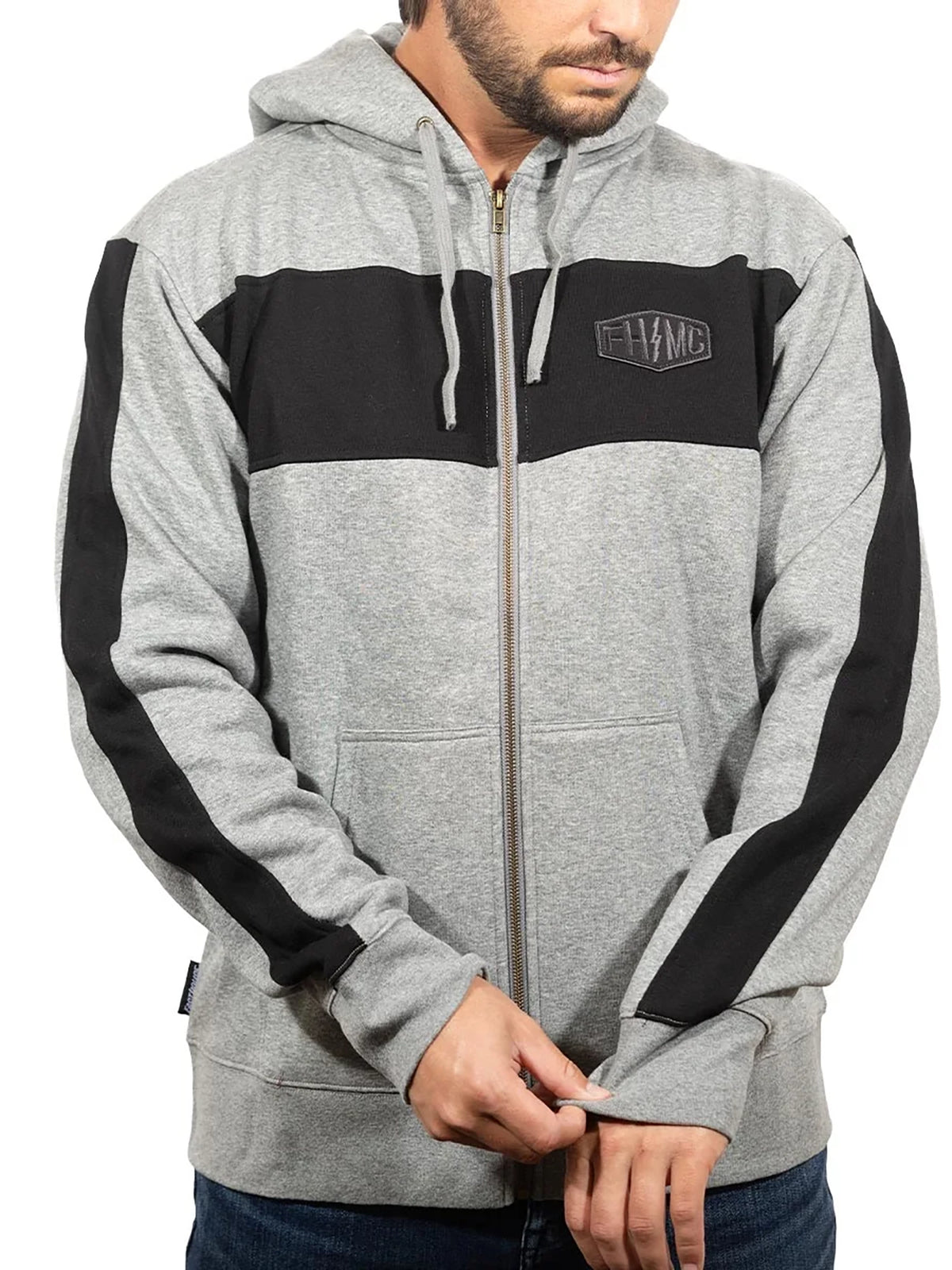 Fasthouse Men's Rapid Zip-Up Hoodie in Heather Gray/Black, front view on model