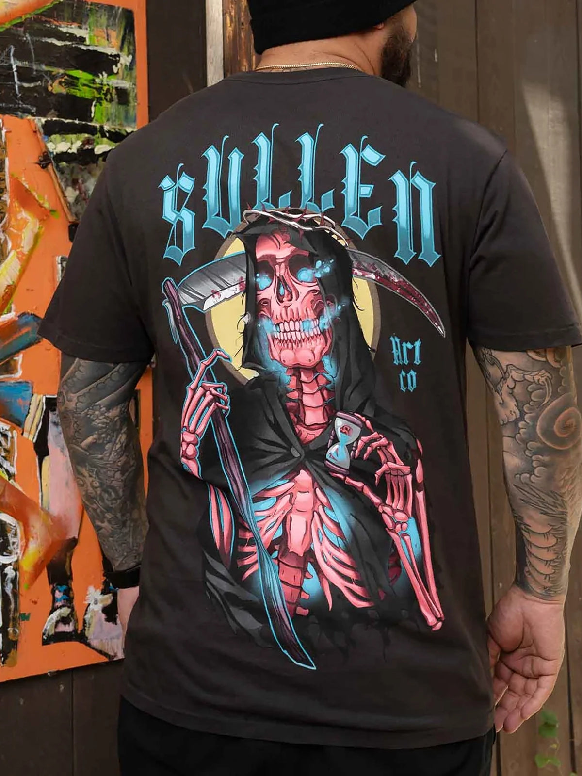 Model wearing the back of the Sullen Red Reaper Premium T-shirt in Vintage Black
