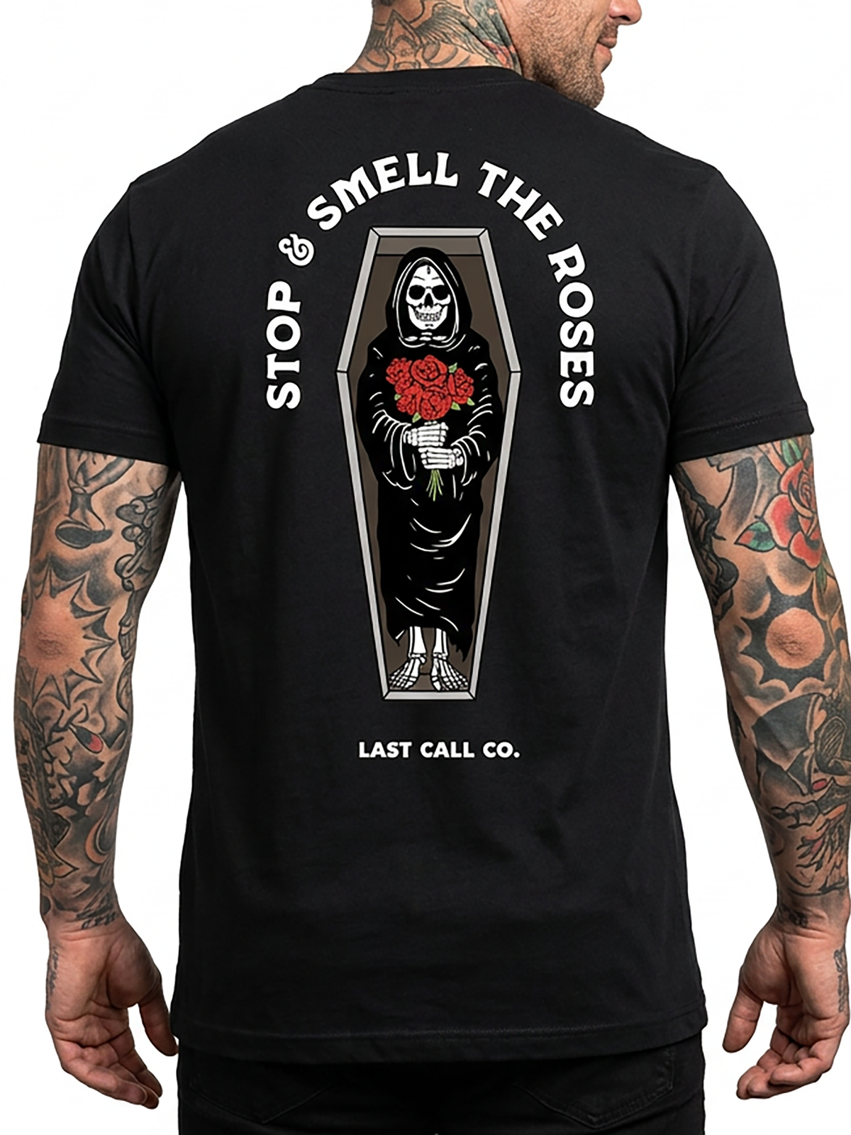 Last Call Co Roses 2 Graphic T-Shirt Black on-model back view featuring hand holding a red rose back graphic