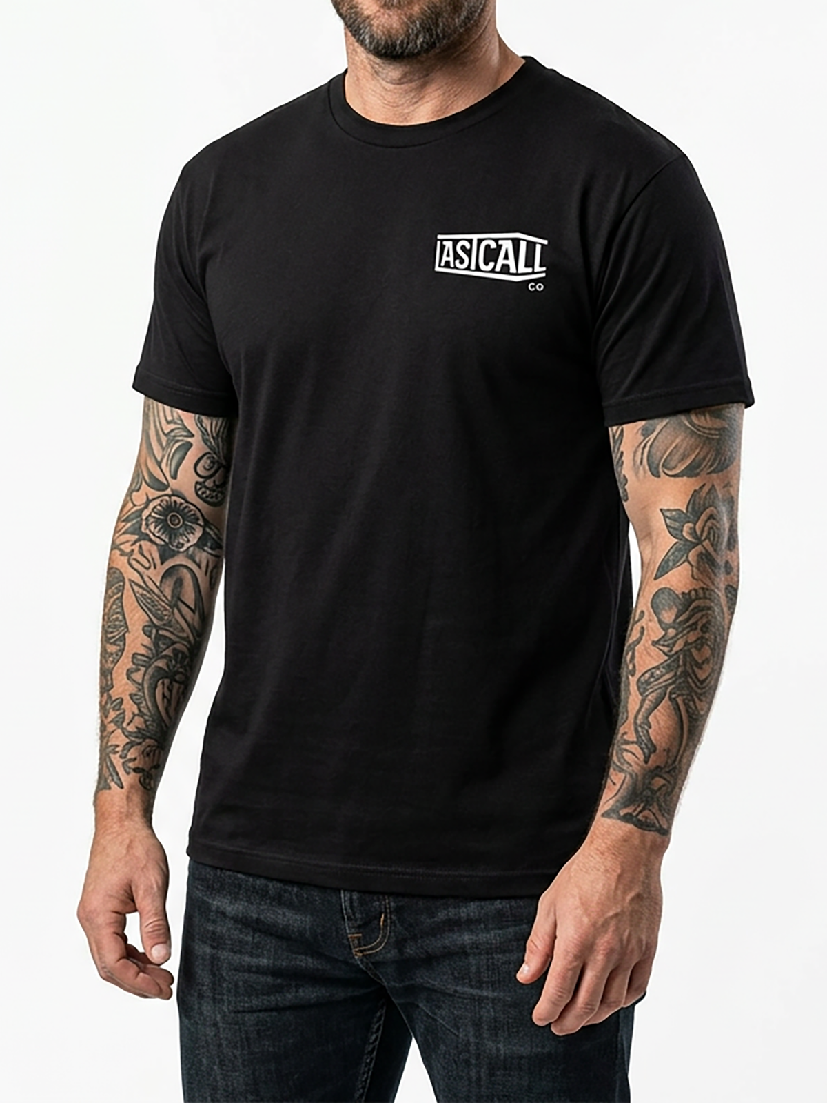 Last Call Co Roses 2 Graphic T-Shirt Black on-model front view showing the chest graphic