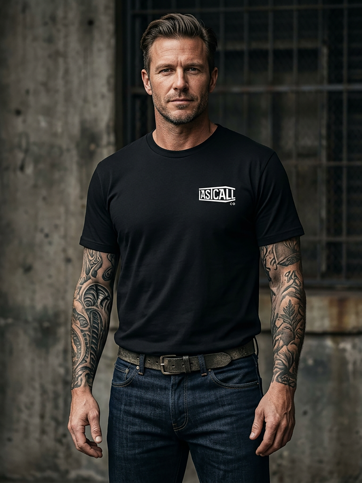 Last Call Co Roses 2 Graphic T-Shirt Black lifestyle front view showing the chest graphic
