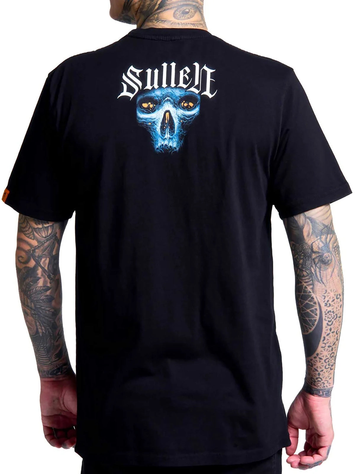 Back view of the Sullen Ruh Neb black T-shirt with a small upper-back skull graphic