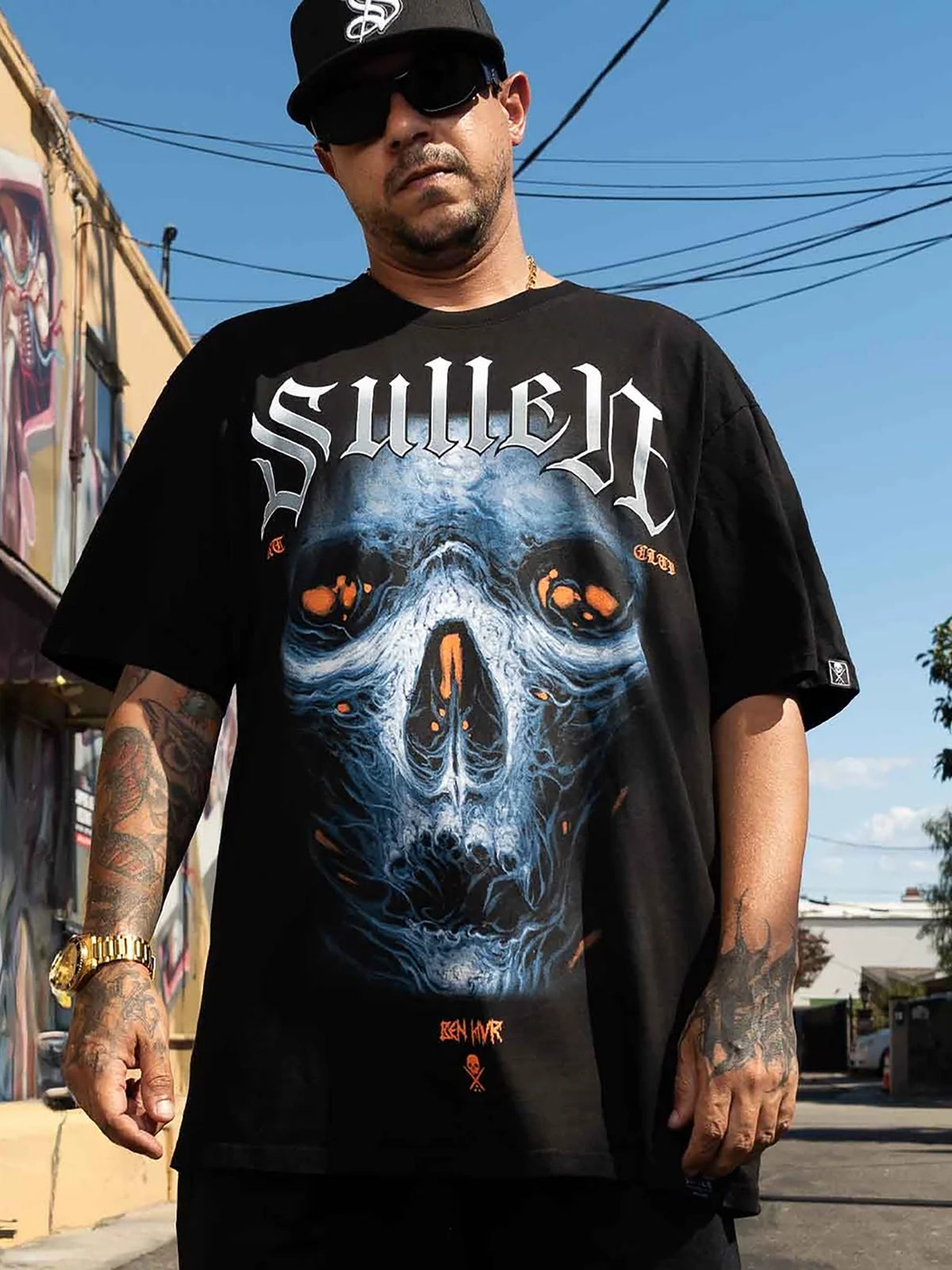 Styled front view of the black Sullen Ruh Neb T-shirt and specter print