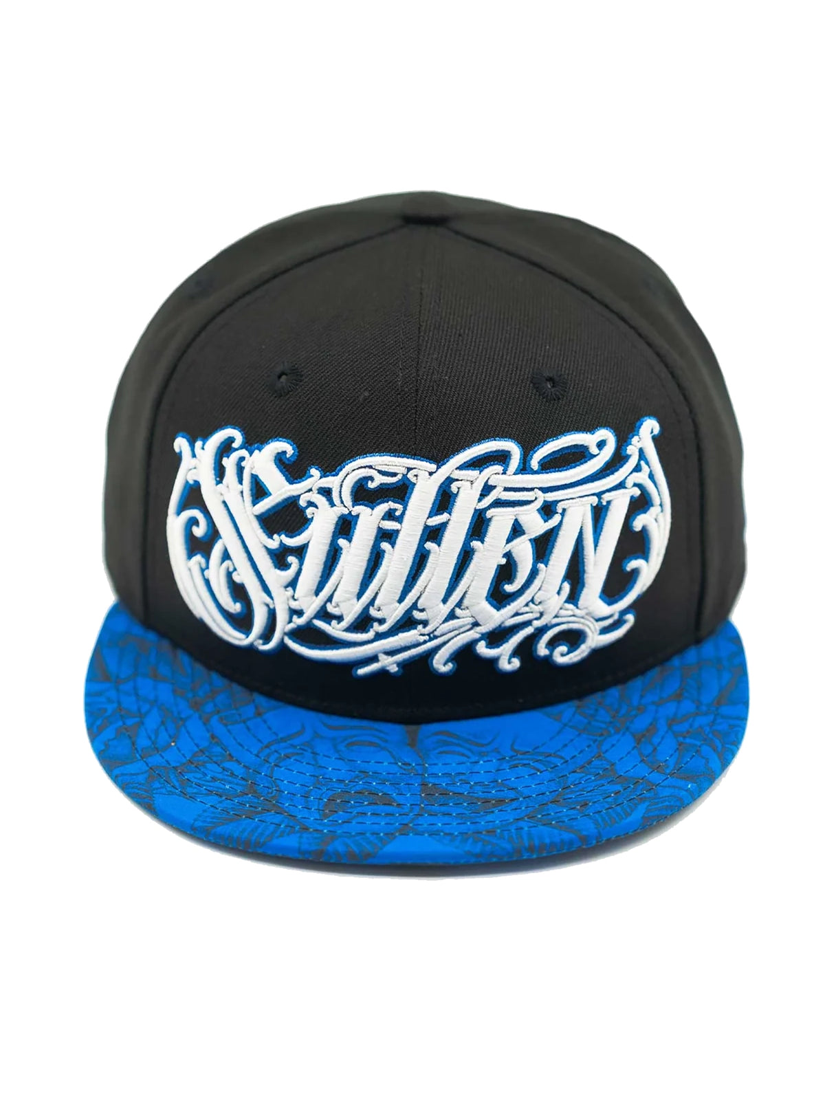 Angled front view of Sullen Sad Boy snapback showing the tonal blue illustrated brim
