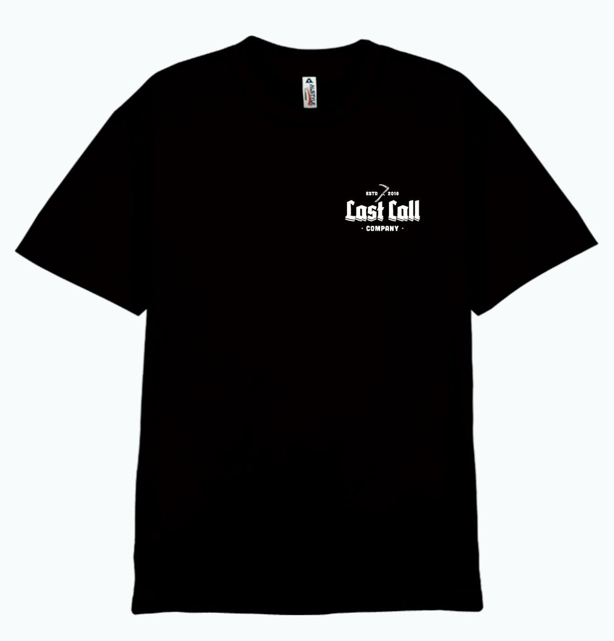 Last Call Co Salty Graphic T-shirt in Black, front view with tropical chest artwork