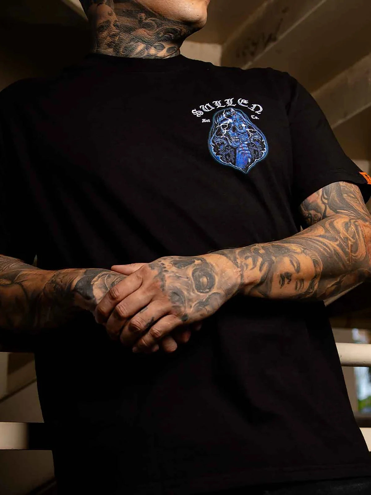 Model wearing the front of the Sullen Slasher Premium T-shirt in Jet Black