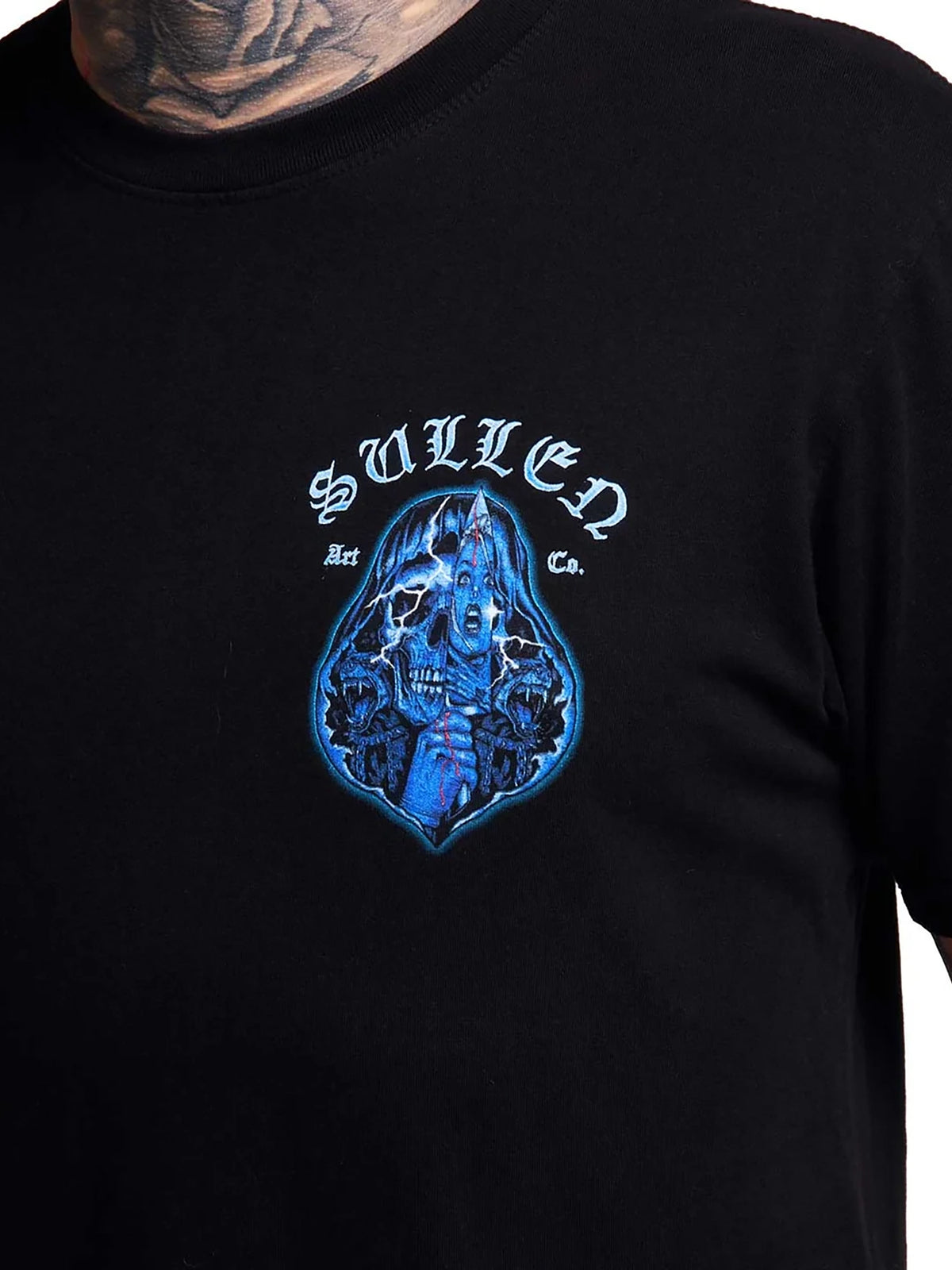Close-up of the Sullen Slasher horror chest graphic on the Jet Black T-shirt