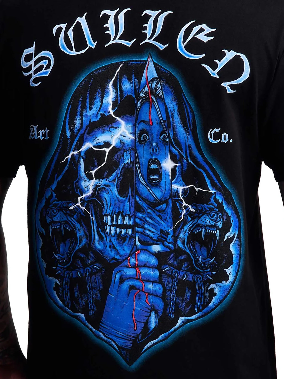 Close-up of the final girl, hooded killer and guard dogs on the Sullen Slasher back graphic