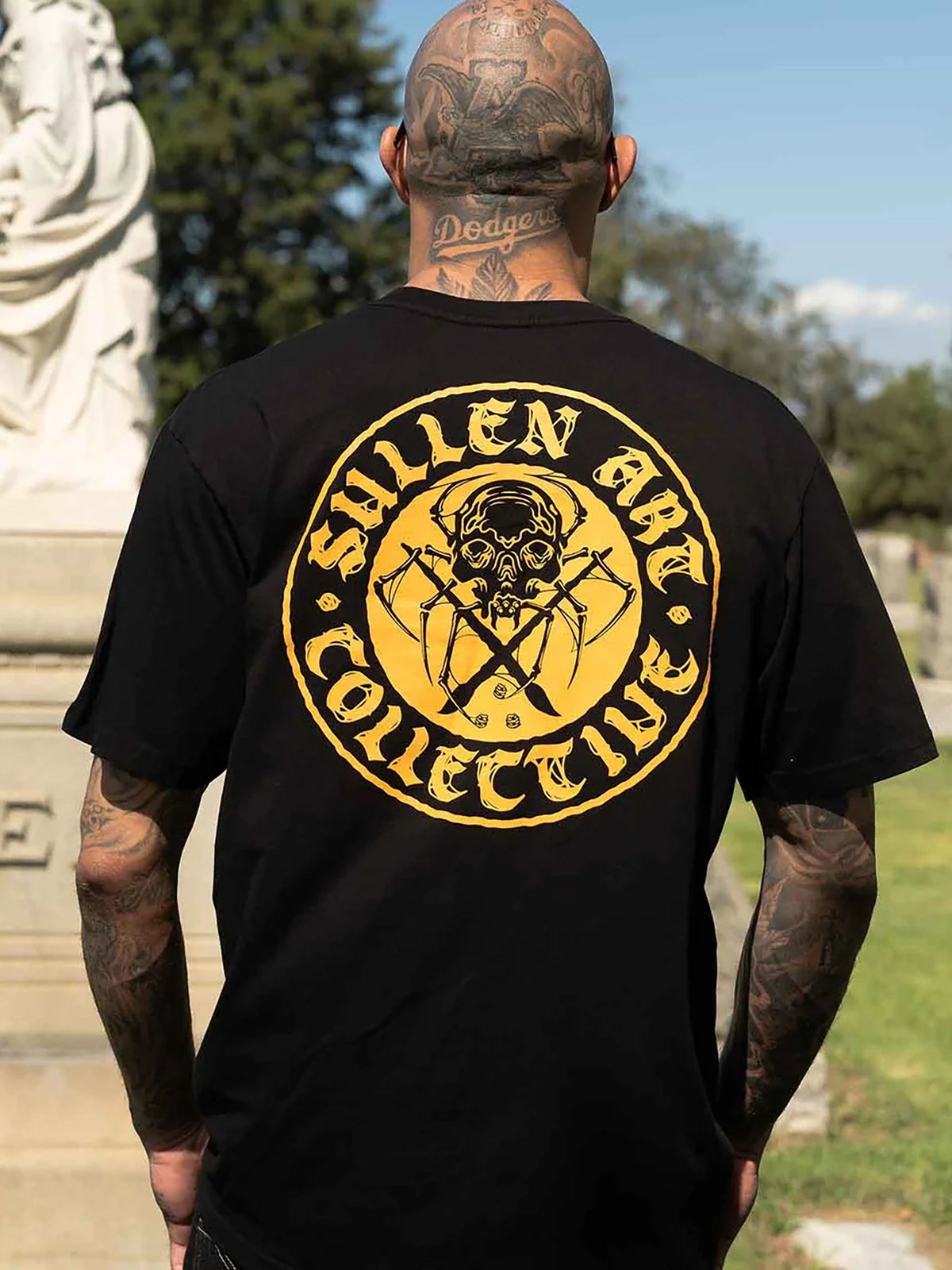 Model wearing the back of the Sullen Spider BOH Premium T-shirt in Black