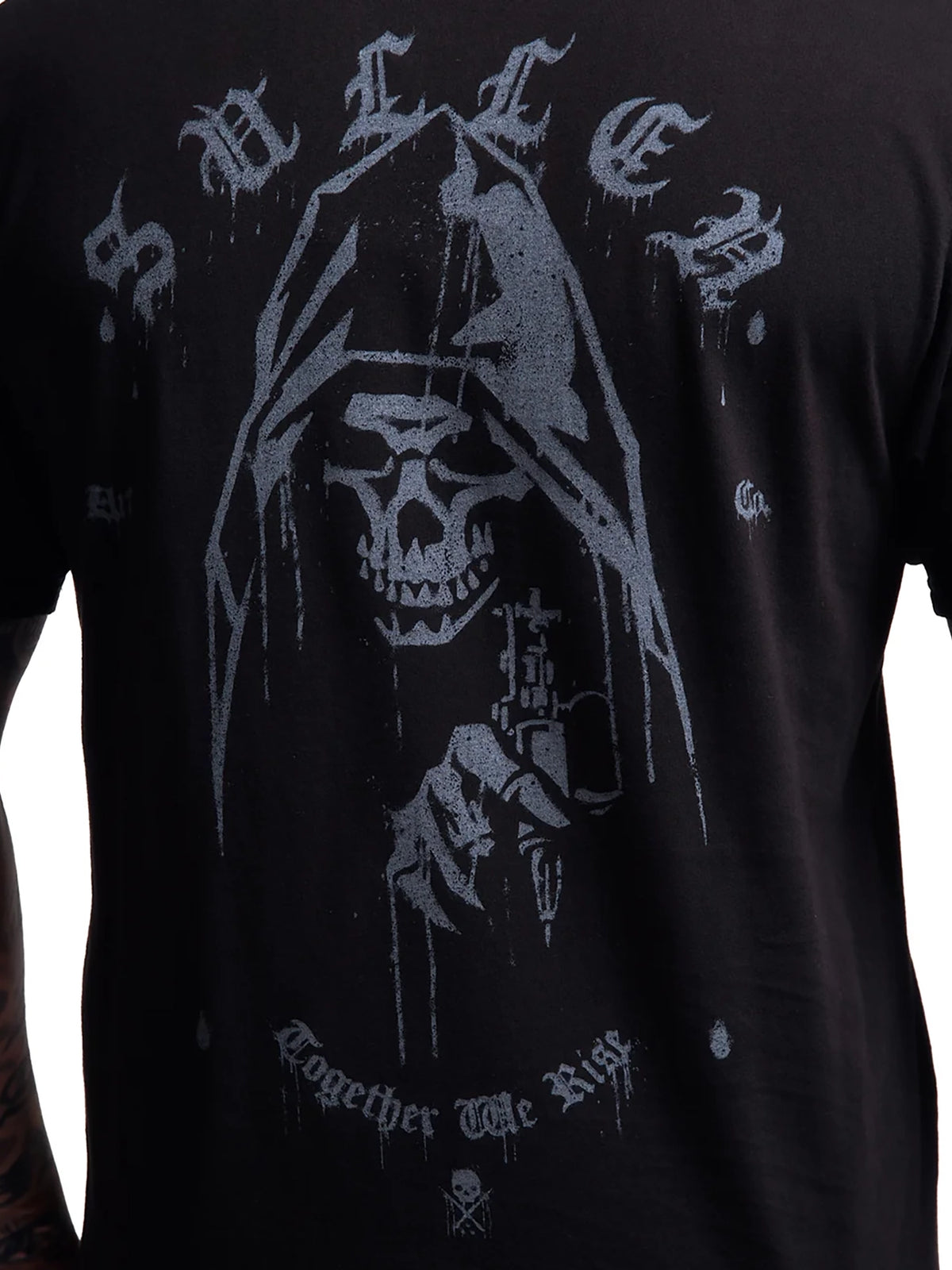 Close-up of the spray-painted hooded reaper back graphic on the Sullen Sprayed T-shirt