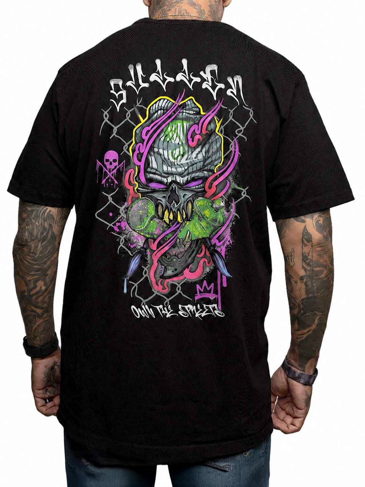 Full back view of Sullen Chemical Swirl Premium Tee in Jet Black, showing both complete sleeves and large neon skull artwork