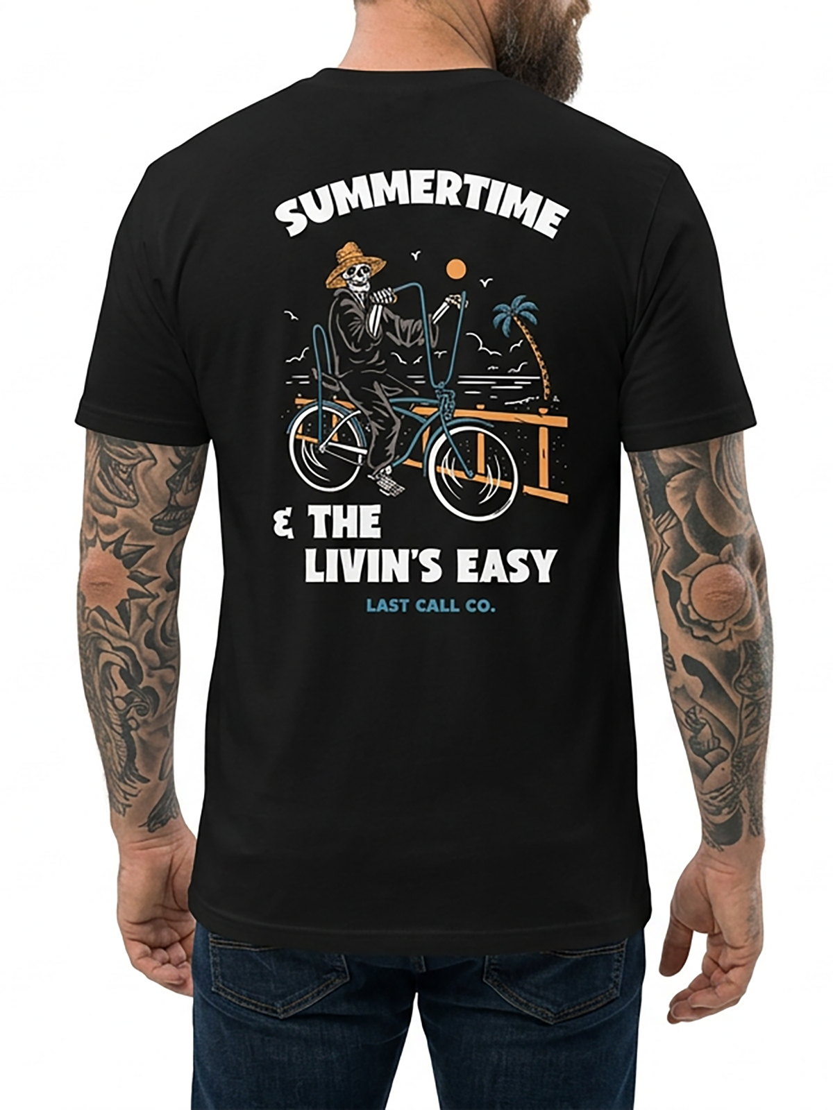 Last Call Co Summertime Graphic T-Shirt Black on-model back view featuring skeleton rider and Summertime Cruisin' and Boozin' back graphic