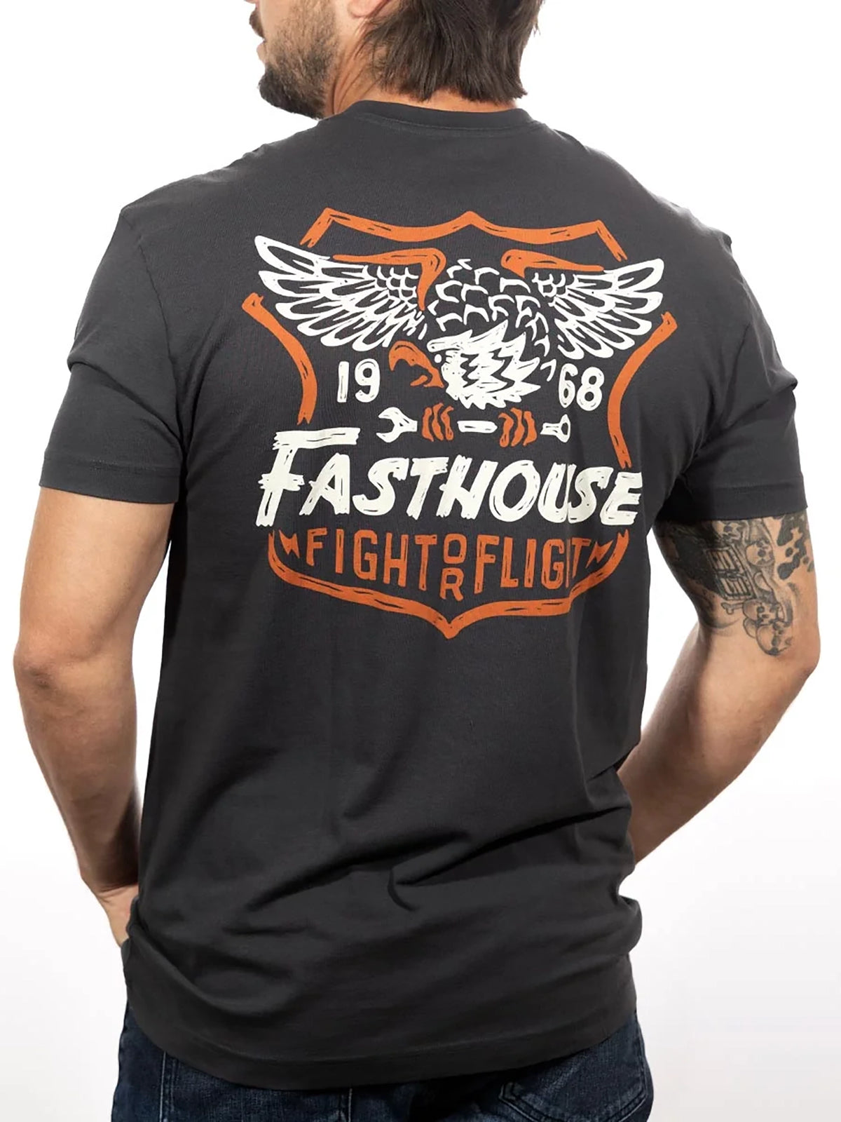 Fasthouse Men's Talon Graphic T-shirt in Graphite Black, back view on model