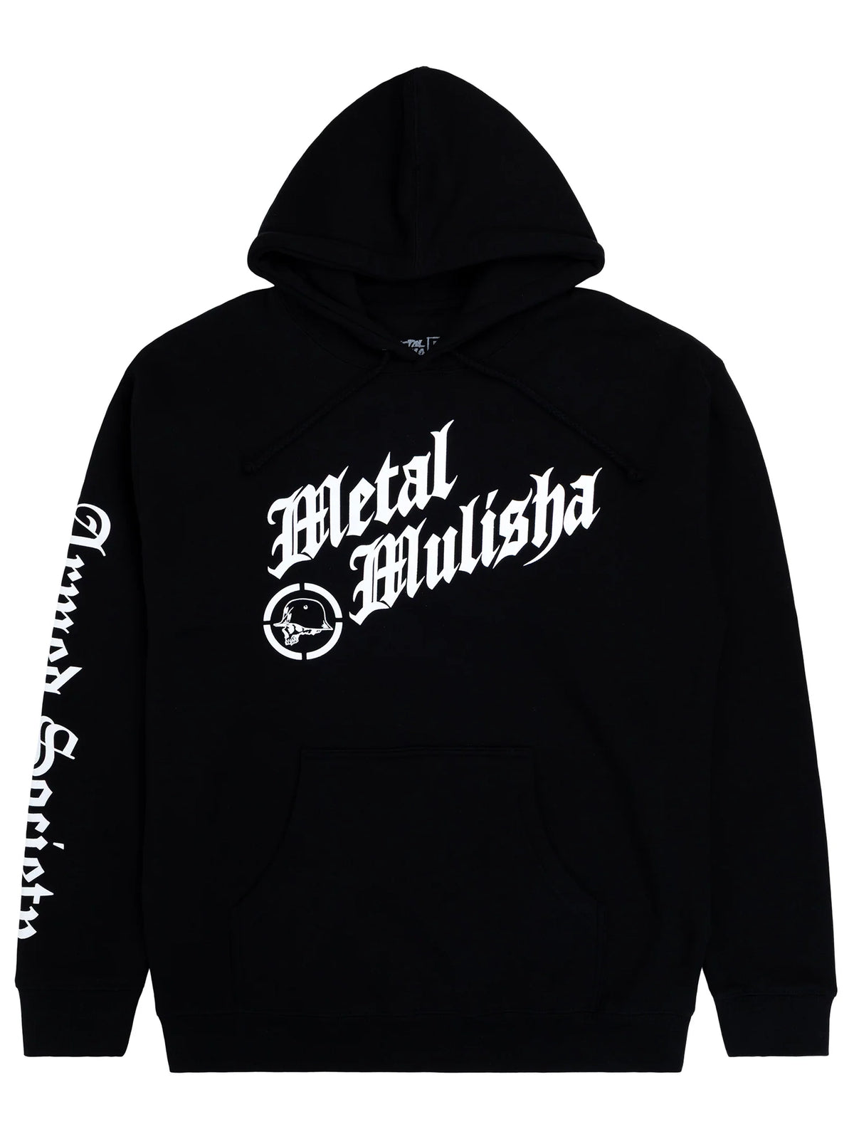 Metal Mulisha Teamwork black pullover hoodie, front view with white Metal Mulisha lettering and a small helmet skull