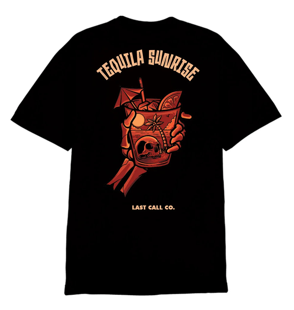 Last Call Co Tequila Sunrise Graphic T-shirt Black flat lay back view showing graphic