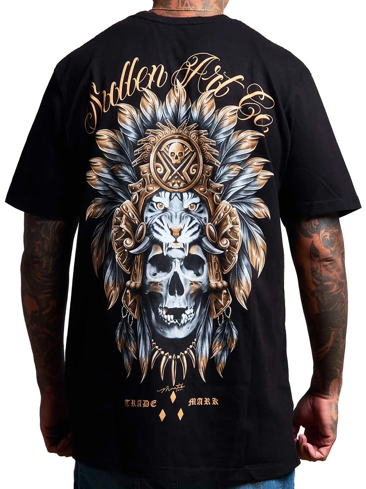 Back view of Sullen Tiger King Premium T-shirt in Jet Black with tiger skull headdress artwork