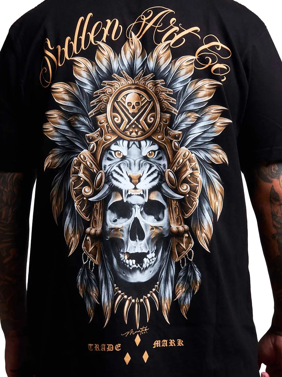 Close-up of the tiger skull headdress back graphic on the Sullen Tiger King T-shirt