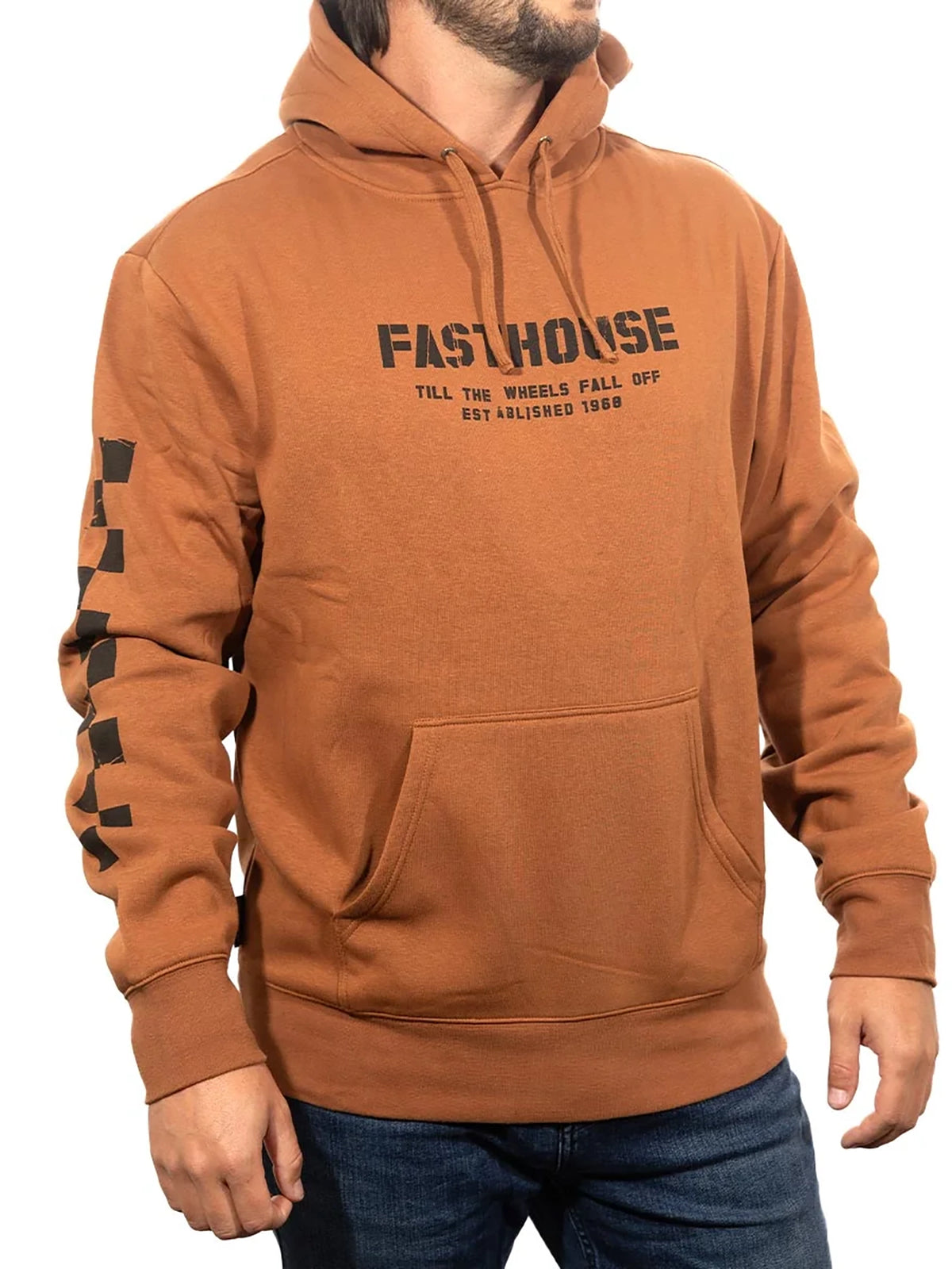 Fasthouse Men's Torn Pullover Hoodie in Rust, front view on model