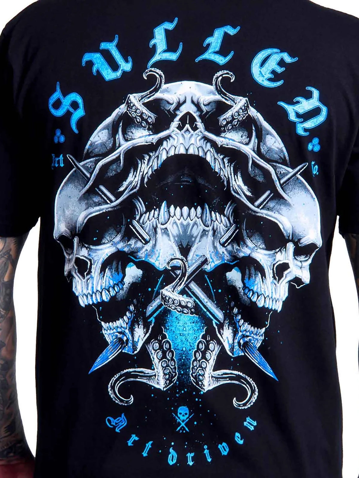 Close-up of the icy blue skull and tentacle back artwork on the Sullen Triple Threat T-shirt