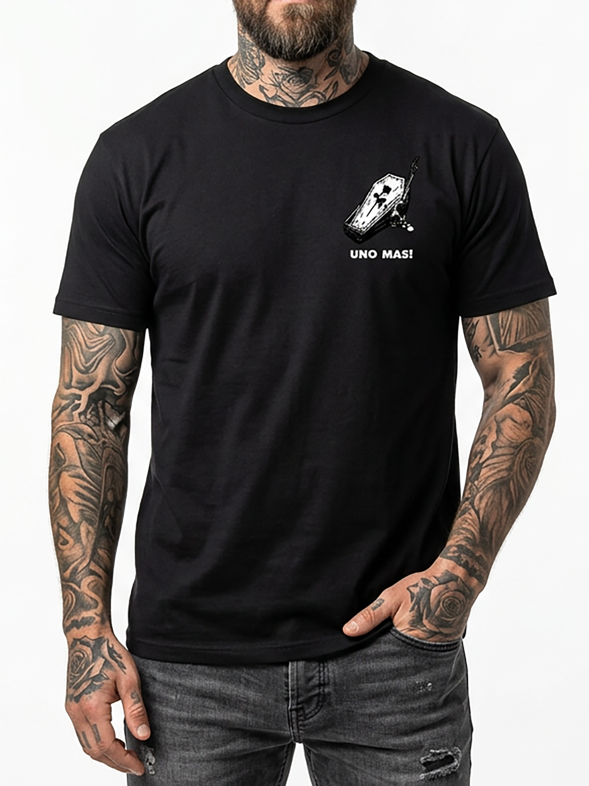 Last Call Co Uno Mas Graphic T-Shirt Black on-model front view showing the small chest graphic