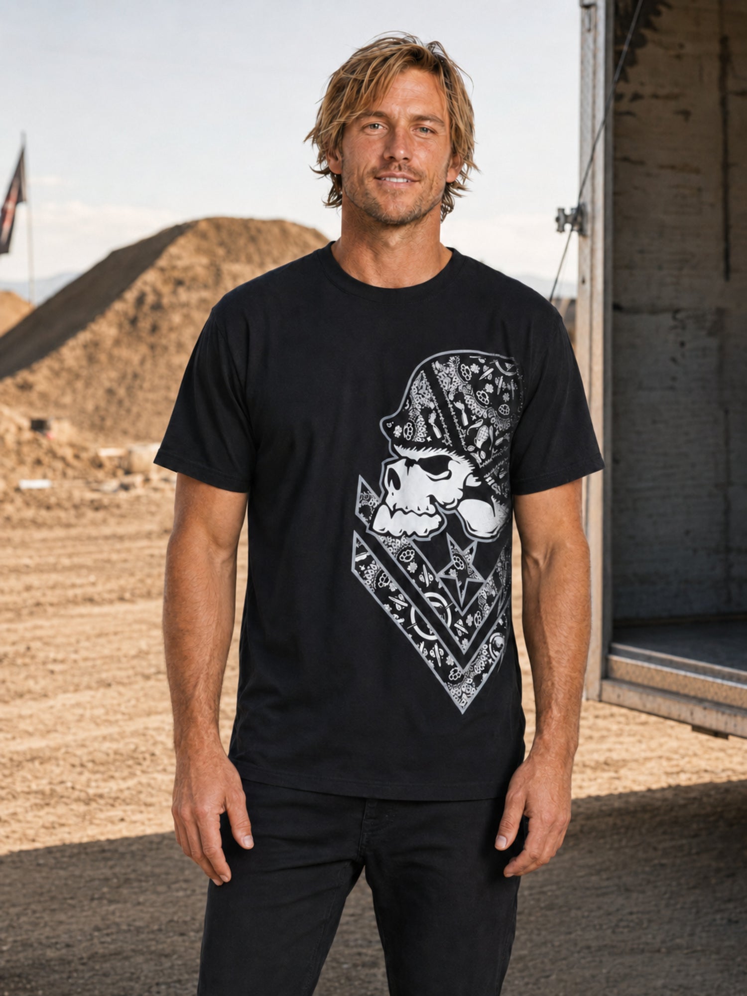Metal Mulisha Guard T-shirt worn by an FMX rider at a motocross track