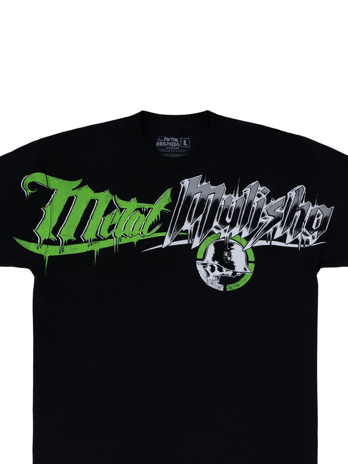 Metal Mulisha Hardcore black and green T-shirt graphic close-up