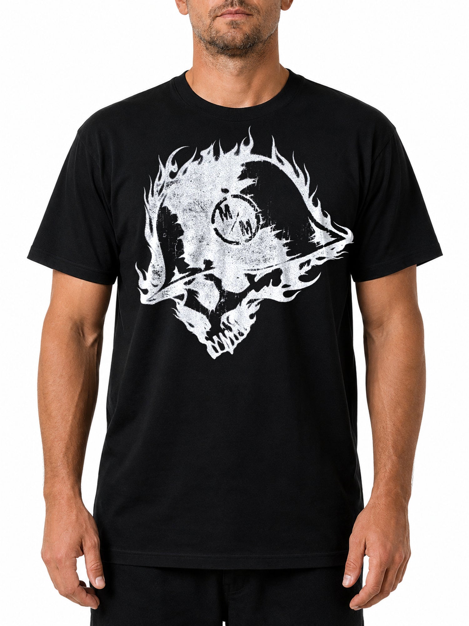 Metal Mulisha Incinerate black T-shirt front model view with flaming skull graphic